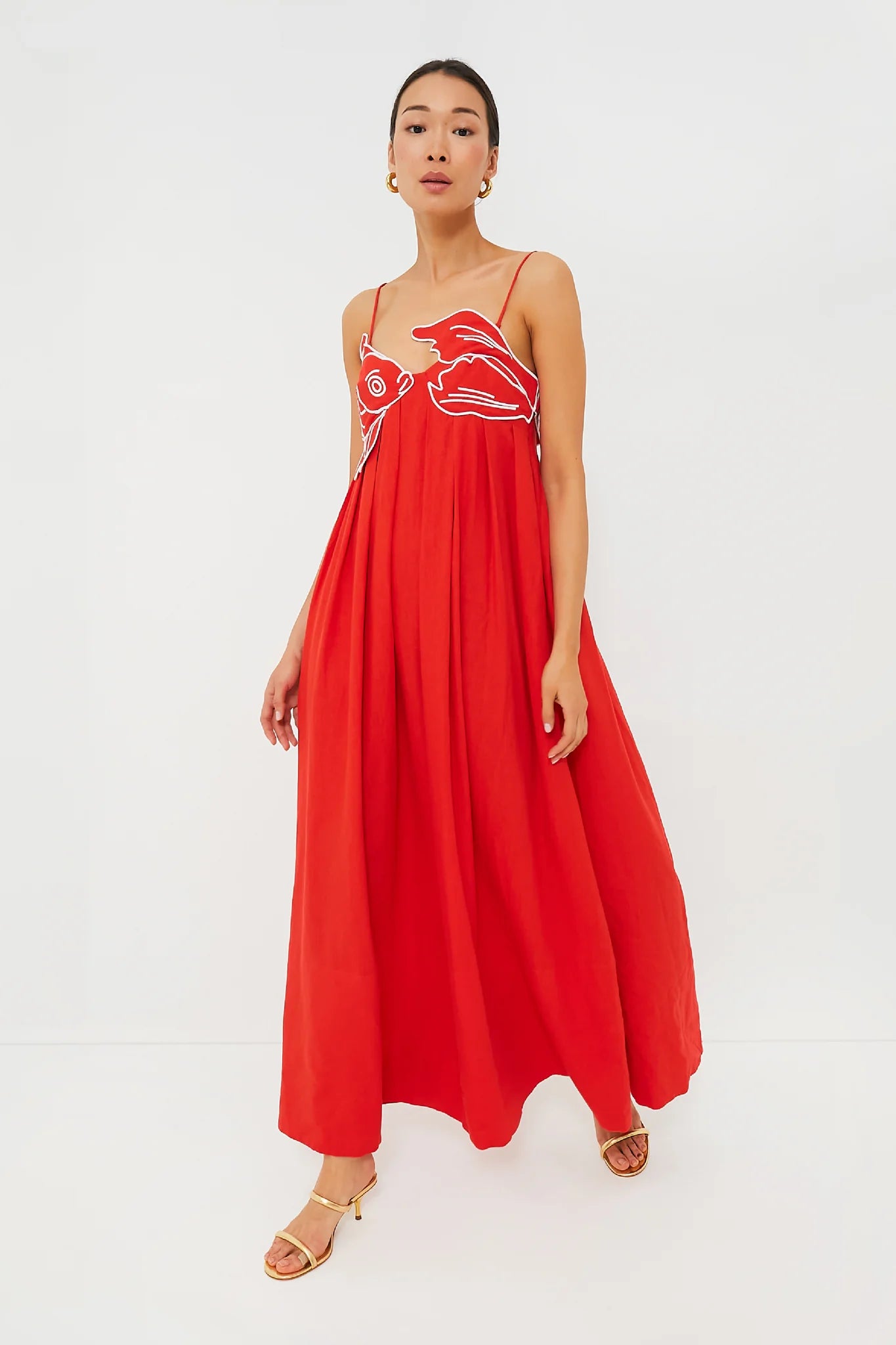 Rosalie Fish Embroidered Pleated Camisole Sleeveless Women's Dress